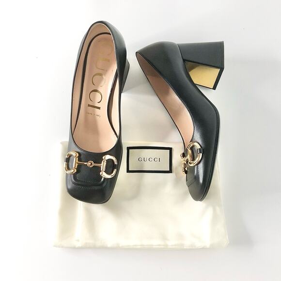 Gucci Baby Horsebit Black Leather Platform Heeled Pumps 37 - Picture 1 of 10